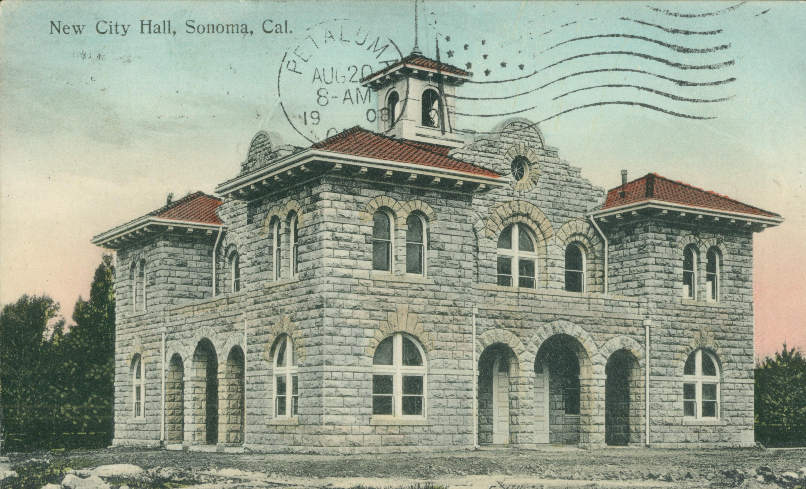 Shows a corner view of Sonoma's city hall